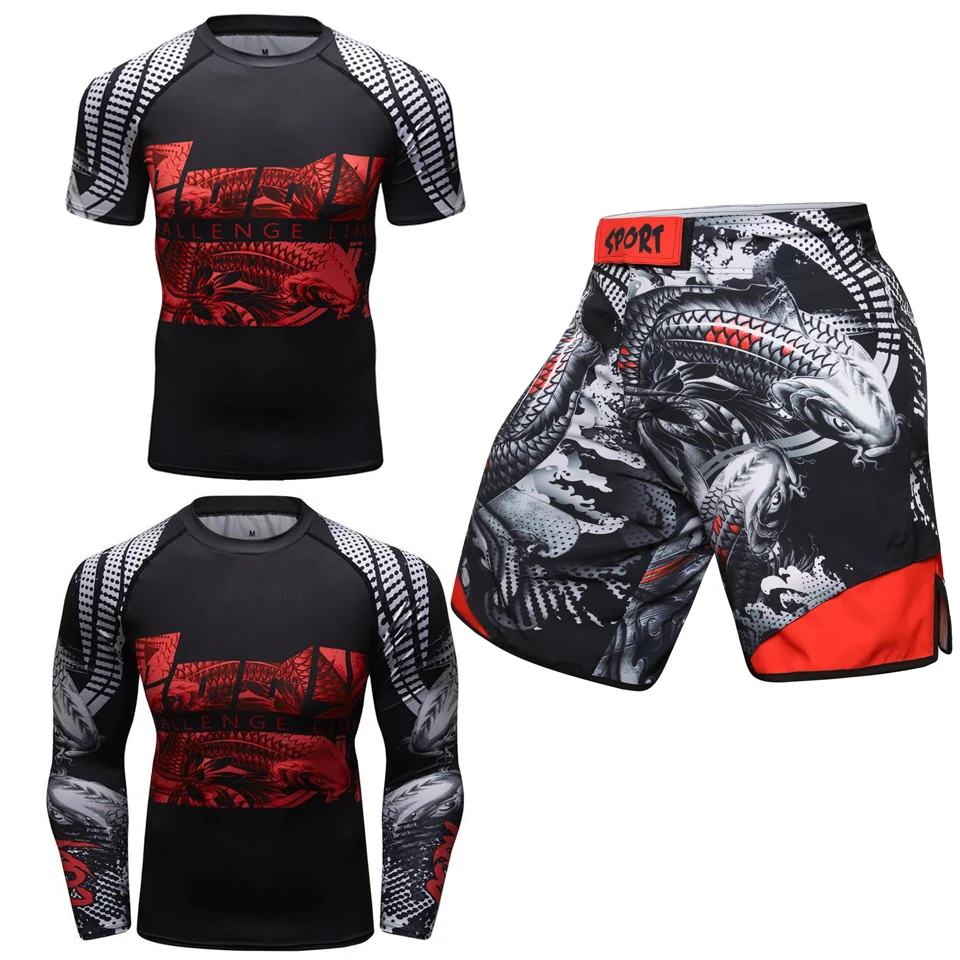Rashguard Jiu Jitsu T-shirt+MMA Shorts Sets Muay Thai Rash Guard Gym Tracksuit BJJ Kickboxing Sport Suit Mma Clothing | Спорт и