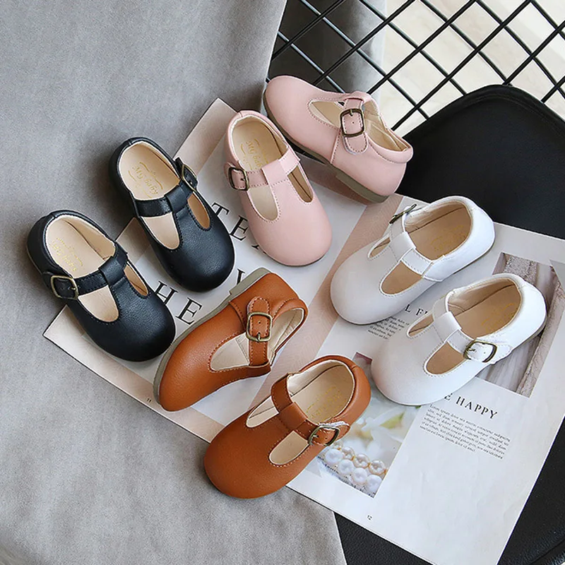 Primavera otoño niños zapatos T correa de cuero zapatos para niñas niños antideslizante niños, mocasines de niño bebé hebilla de niños Correa pisos