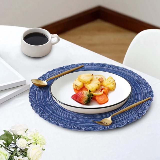 Round Braided Placemats for Dining Table Set of 6 - Woven Heat Resistant Non-Slip Kitchen Table Mats, 36 Diameter, Blue 2