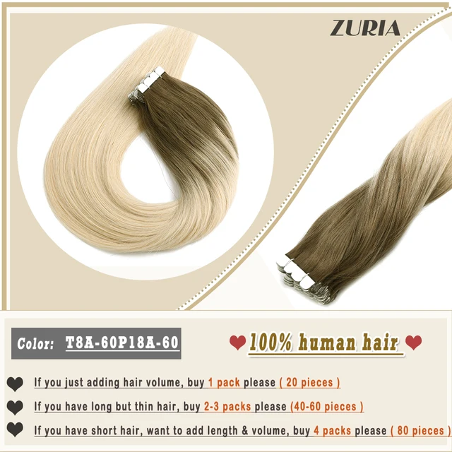 ZURIA Mini Tape In Hair Extensions Machine Remy Natural Hair Extensions Human Hair Straight 20 Inchs Seamless Adhesive Skin Weft T8A-60 P T8A-60