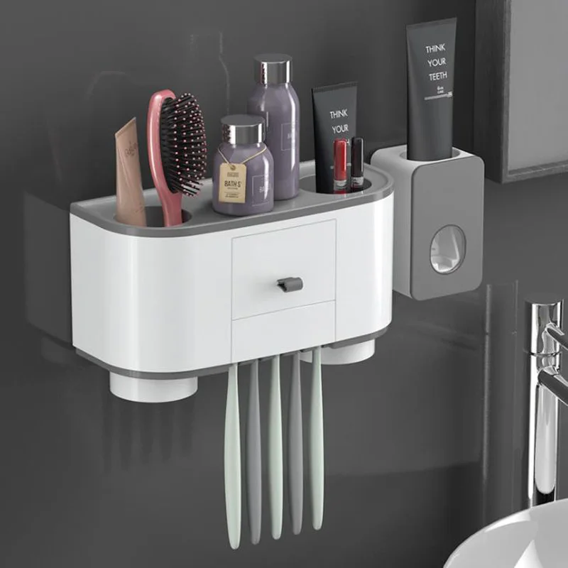 Magnetic Wall Mounted Toothbrush Holder Automatic Toothpaste Dispenser Toiletries Storage Rack Bathroom Accessories Set