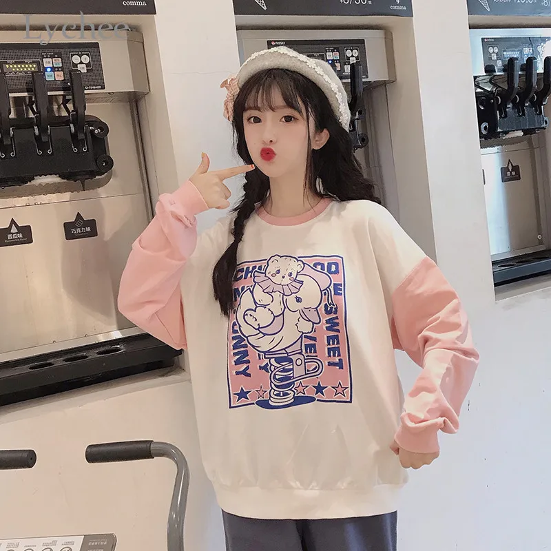 Lychee Harajuku Лоскутные Повседневные женские пуловеры с вырезом лодочкой милый кот с буквенным принтом Женская толстовка свободные осенние дамские свитшоты Топы