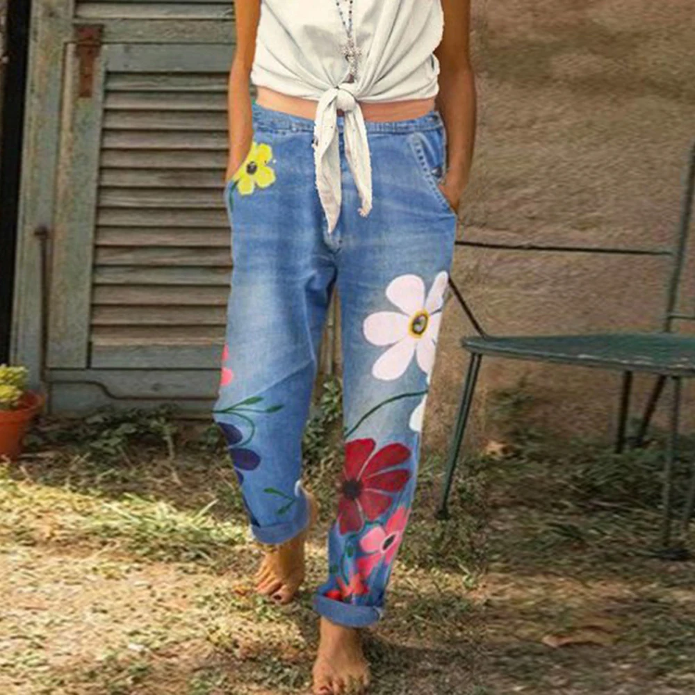 Новые женские длинные брюки весенние джинсовые с цветочным принтом повседневные