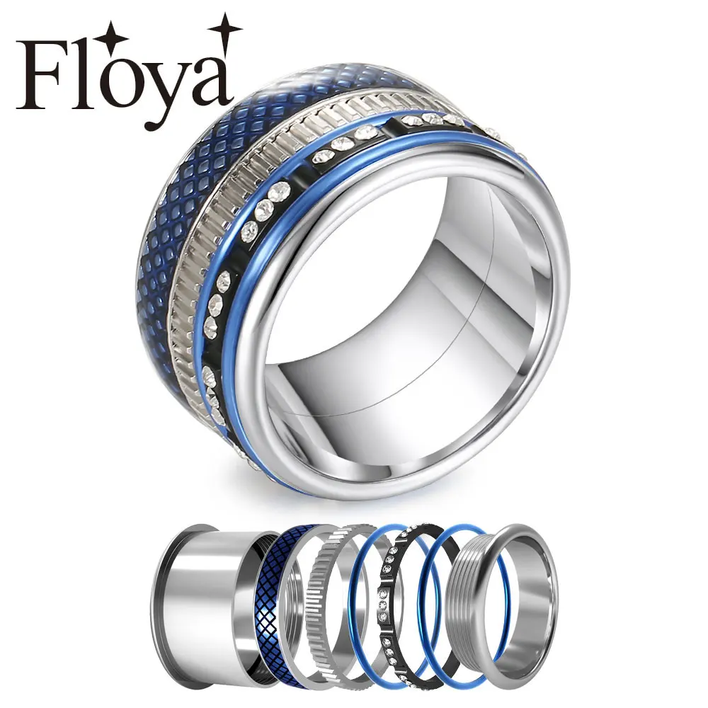 Floya, синие кольца, вращающиеся, большая полоса, для женщин,, 361, нержавеющая сталь, кольцо, винтажное, комбинированное, для влюбленных, кольцо, изысканный подарок для девушек