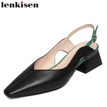 

Lenkisen new full grain leather small square toe mixed colors high strange heels buckle straps office lady gentlewomen pumps L33