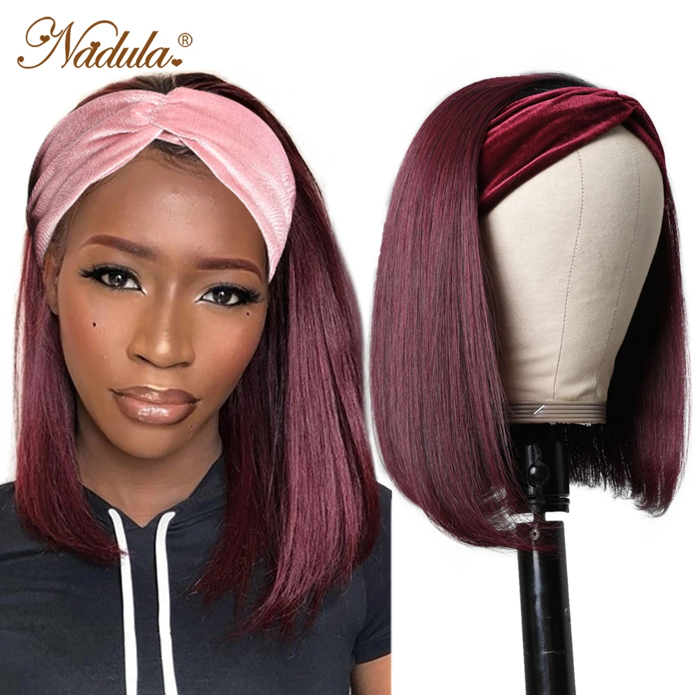 Nadula Short Bob Wigs #1B99J Burgundy Headband Wig 10-14INCH BoB Headband Wigs for Women Natural Short Wig