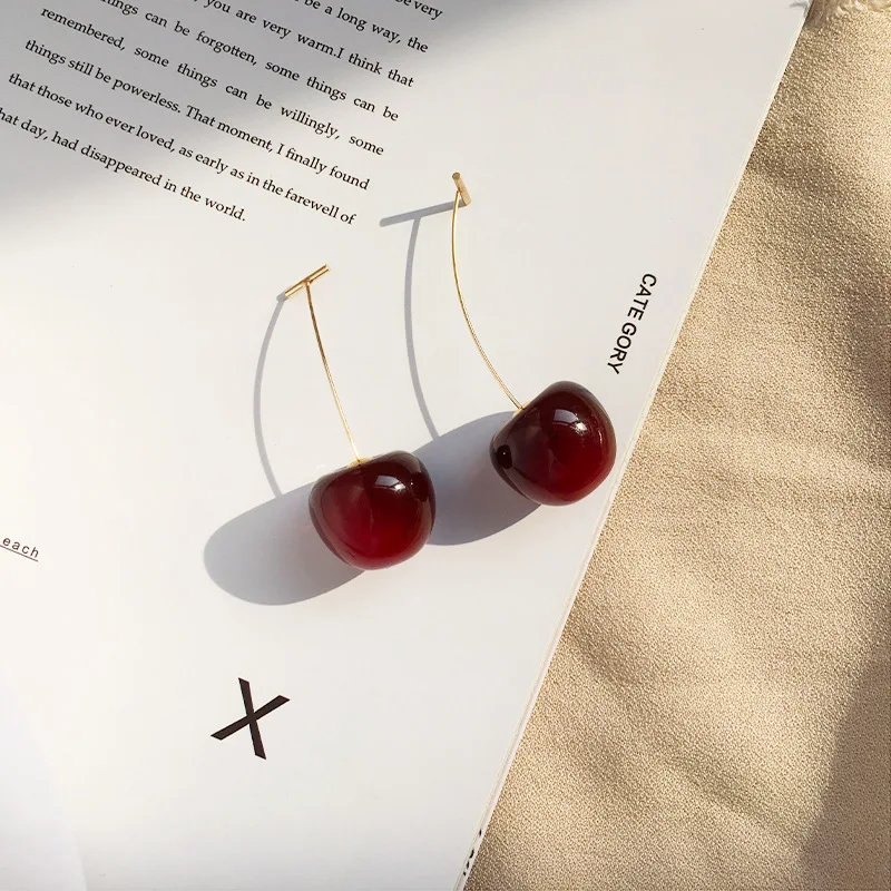 1Pair Cute Simulation Red Cherry Sweet Resin Drop Earring Hot Red Color High Quality For Women Girl Student Fruit Xmas Gift