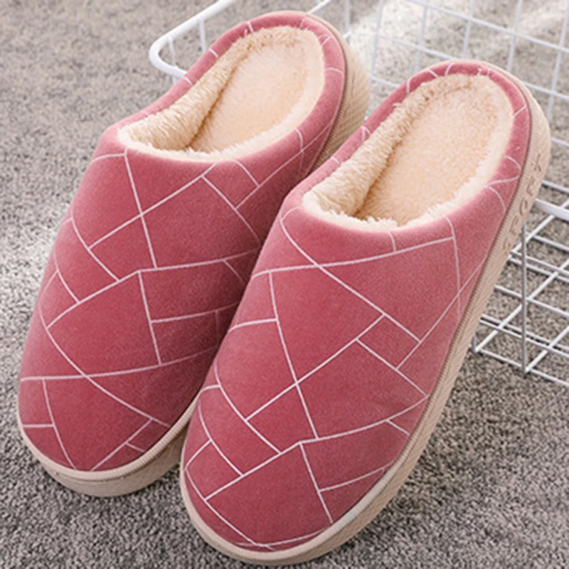 Winter Plus Size Adult Slippers Plaid Printed Indoor Male Female Slippers Plush Warm Fashion Thick Bottom Flats Shoes