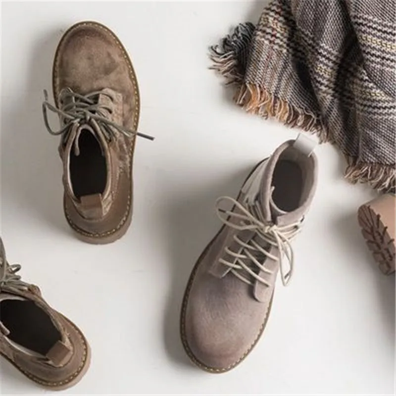 winter new round head leather lace ankle boots women's boots handsome fashion casual Martin boots women