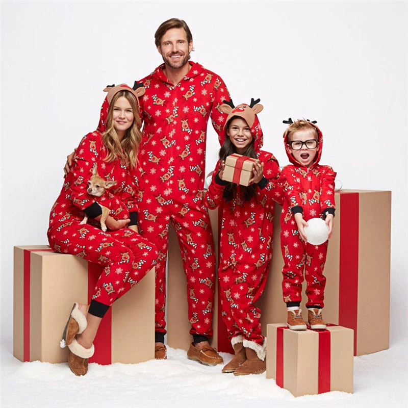 

Xmas Family Kids Adult Matching Christmas Pajamas Pjs Set Hooded Reindeer Print Jumpsuit Fashion Casual Outfit Nightwear Gifts