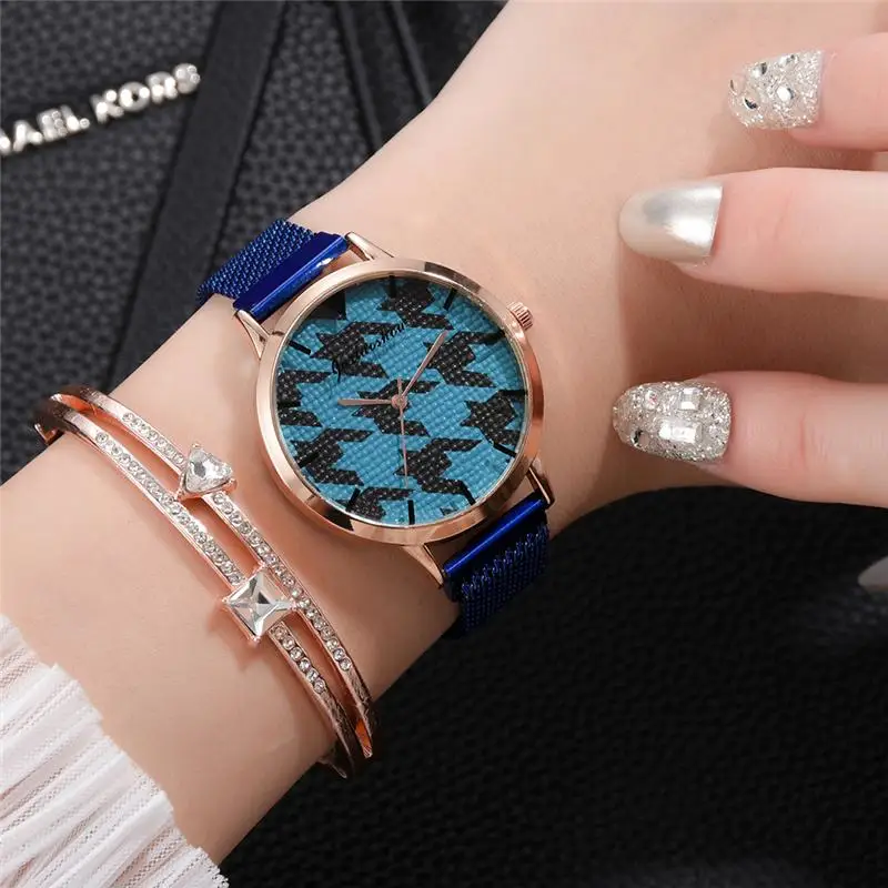 

Blue Mesh Strap Women's Fashion Watches Simple Geometric Dial Design Quartz Watch Women Clock Rose Gold Pointer Wristwatches