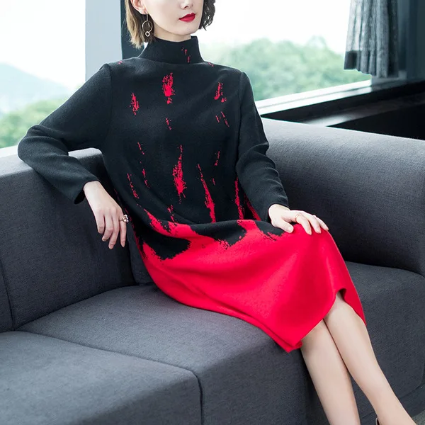 

Ozhouzhan 2018 Winter New Style WOMEN'S Crew-neck Long-sleeve Top Slimming Mid-length over-the-Knee Base Jersey Dress