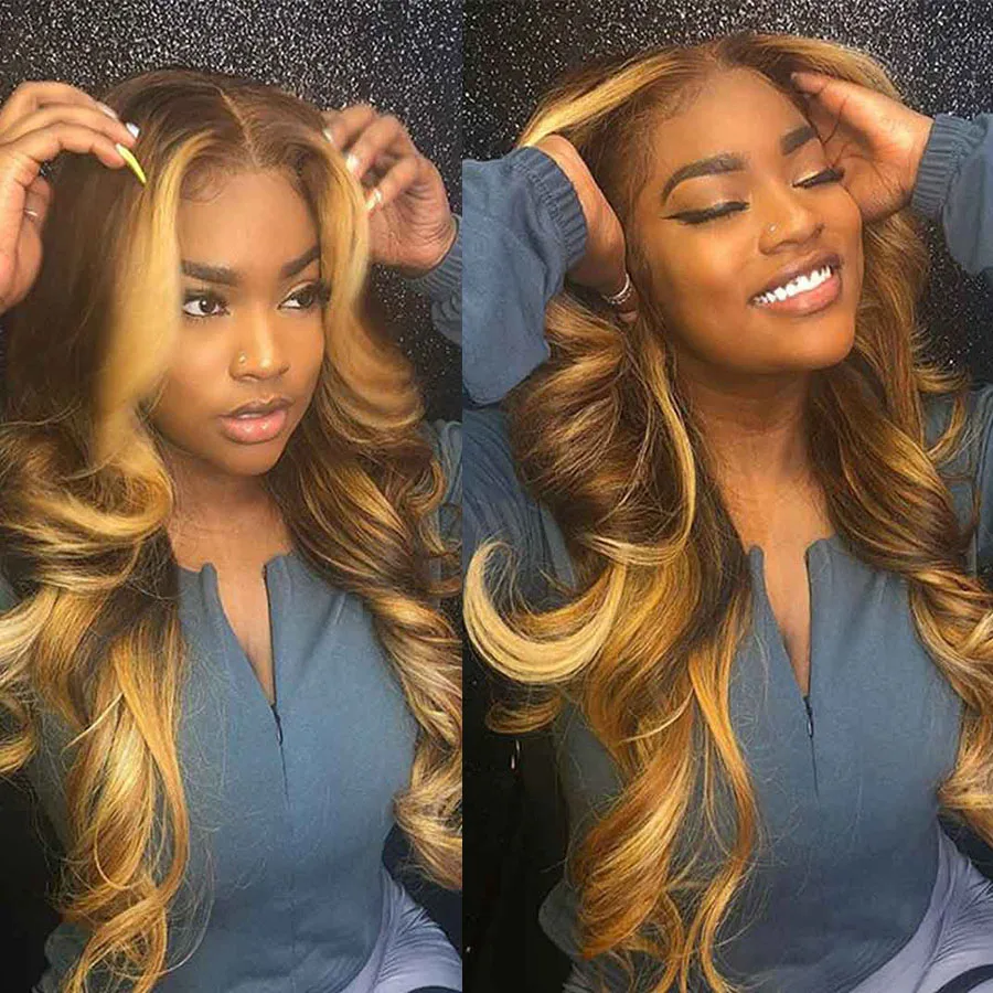 Beeos 13*6 180% Deep Part Lace Front Human Hair Wig Body Wave Ombre Honey Blonde Bleached Knots Brazilian Color Remy Hair