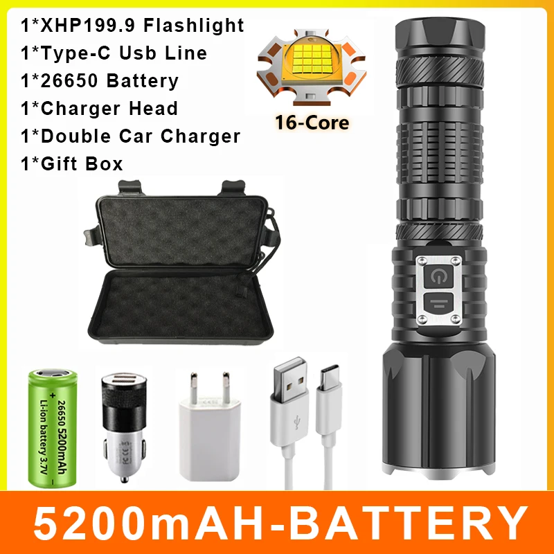 hyper tough torch 5000000LM Most Powerful LED Flashlight XHP199 USB Rechargeable Flash Light 5 Modes Zoom Torch Tactial Flash Lantern Use 26650 waterproof flashlights Flashlights