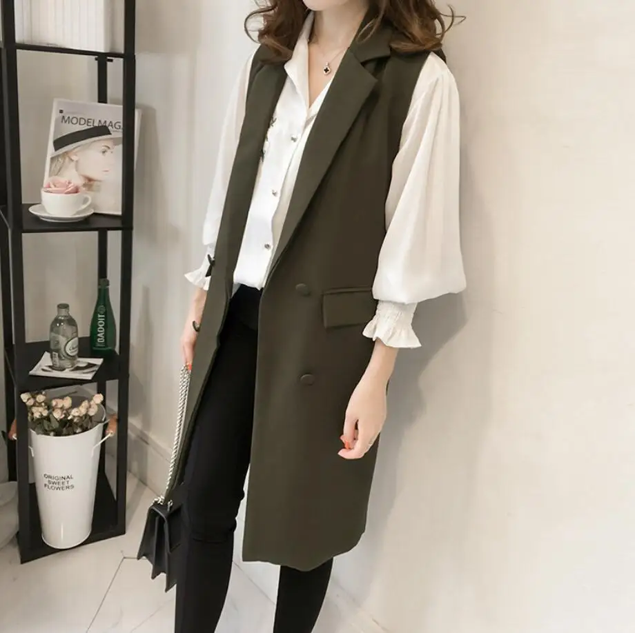 army green autumn new women laple sleeveless solid patchwork double breasted casual long vest women fashion waistcoat tide r2045 - Цвет: army green