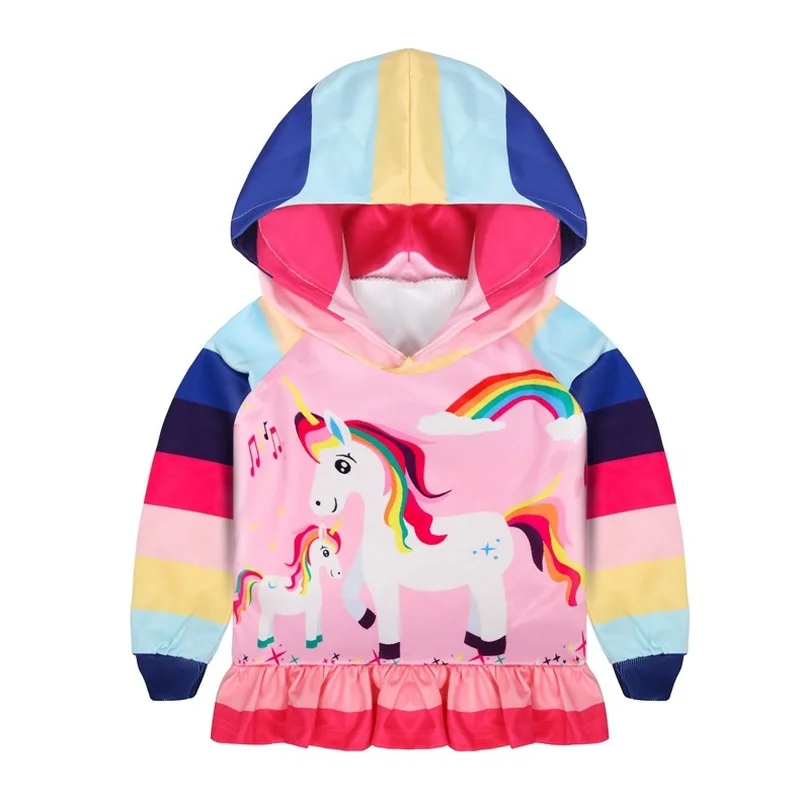 Jargazol Girls Sweatshirts Autumn Hooded Coat Cute Rainbow Unicorn Skirt-hem Tops Little Girl Costume Fall Stripes Hoodie Outfit