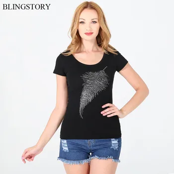 

BLINGSTORY Summer Fashion Beaded Feather Tshirts Cotton Women Short Sleeved Oversized Graphic Tees S-6XL