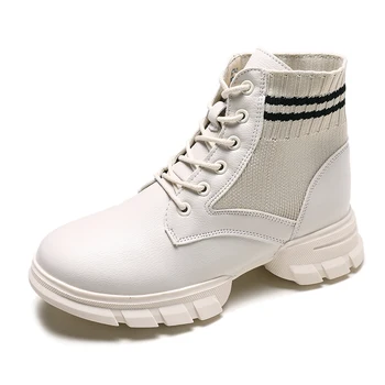 

2019 New Fashion Ankle Boots for Women Shoes Woman Striped Leather Knitting Winter Boots Mid Heels Plus Size Autumn Martin Boots