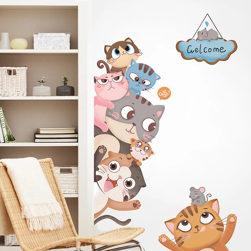 

[SHIJUEHEZI] Cartoon Cats Wall Stickers PVC Material DIY Animal Wall Decals for Kids Room Kindergarten Wardrobe Door Decoration