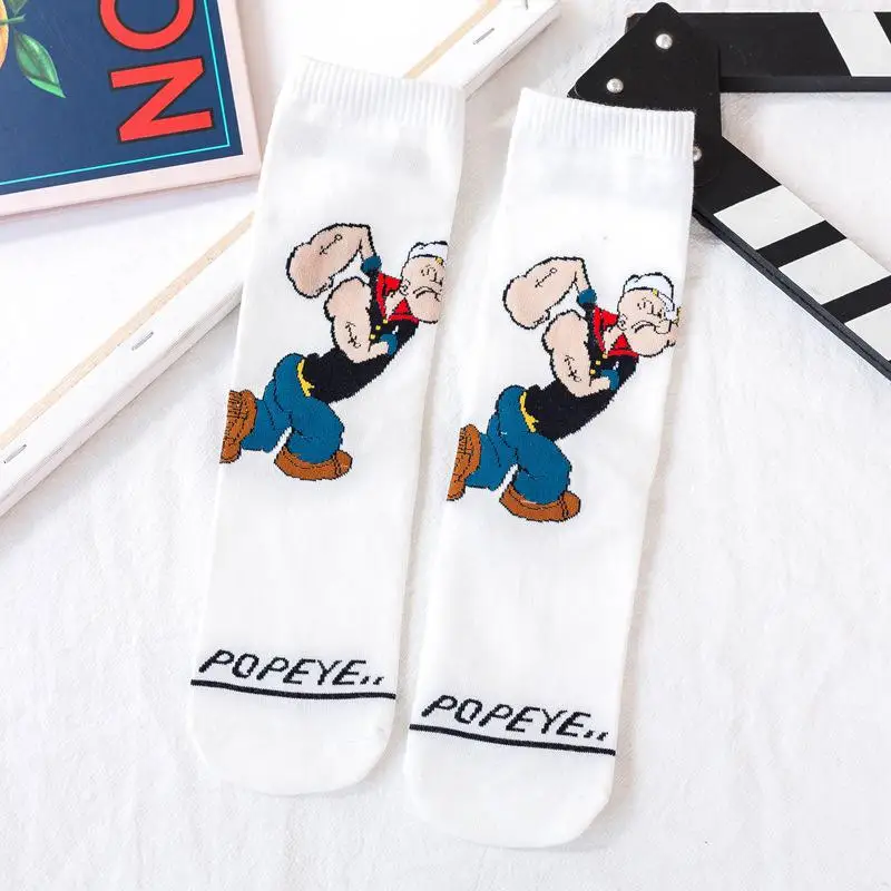 Модные хлопковые футболки с рисунками из мультфильмов куртка с рисунком короткие носки женские Харадзюку шпинат Авто масло носки до лодыжки; забавные носки с принтом милых Mujer - Цвет: white Popeye
