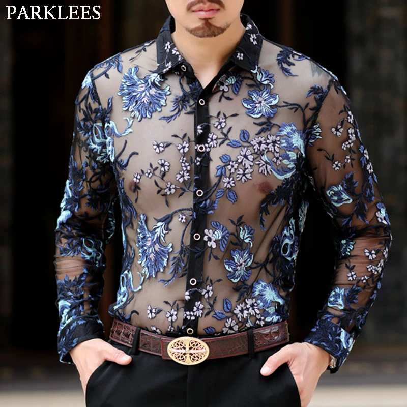 Luxury Floral Embroidery Fishnet Shirt ...