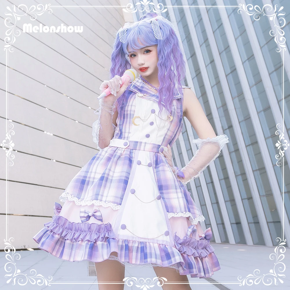 

Melonshow Sweet Purple Lolita Dress Plus Size Cute Gingham Victorian Dress Women Kawaii Clothing Sleeveless Dresses Summer Girls