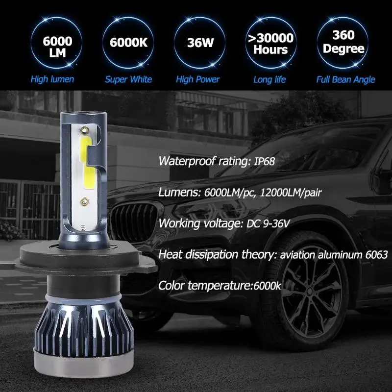 VODOOL 2 шт. Мини Автомобильный светодиодный фонарь H4 H7 H11 9005 COB 9-36V 36W 6000LM 6000K Водонепроницаемый белый свет авто фары лампы