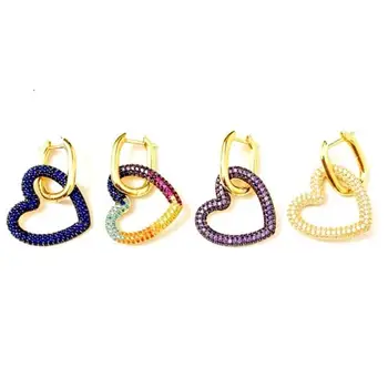

micro pave 5A colorful hollow heart charm dangle drop earring Gold color green blue red white cz heart jewelry