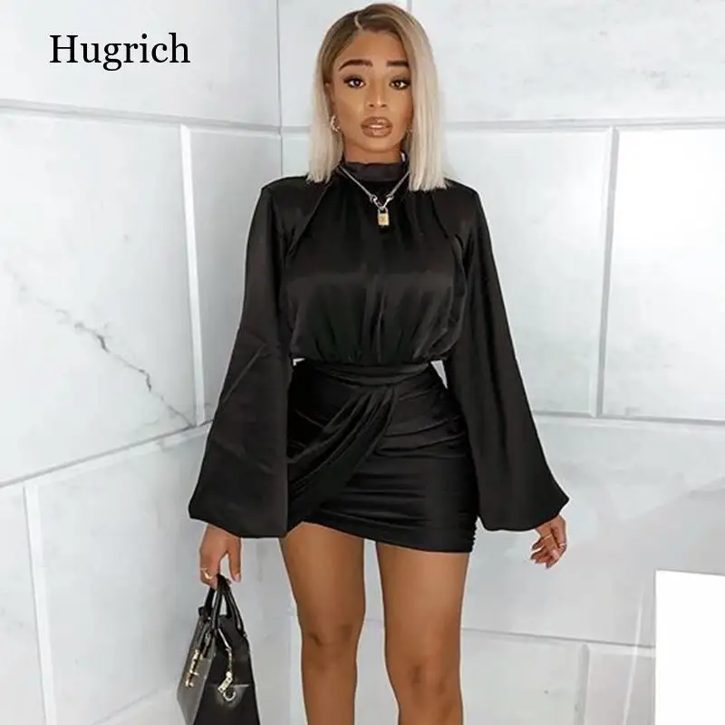 

2021 Spring Autumn New Women Dress Solid Lantern Sleeves High Collar Sexy Bag Hip Waist Pleated Slim Wild Straight Mini Dresses