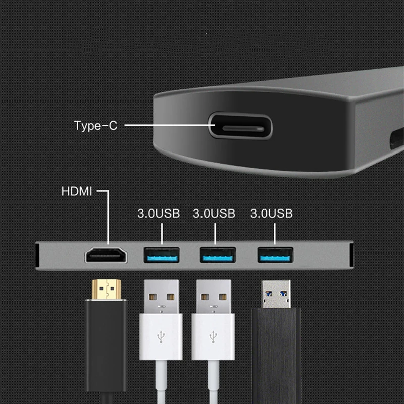 USC type C концентратор к HDMI 4K 30HZ 3 USB 3,0 USBC PD быстрая зарядная док-станция алюминиевый сплав Расширенный концентратор для Macbook