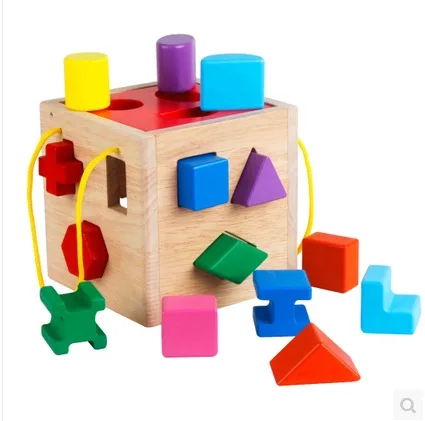 

15 Hole Children Shape Matching Brick Box Solid Wood 10 Months under 3 Years Old Baby Educational Force Toy
