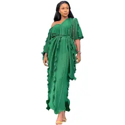 Африканское модное женское волнистое Плиссированное Платье женское с v-образным вырезом гофрированное свободное платье с коротким рукавом