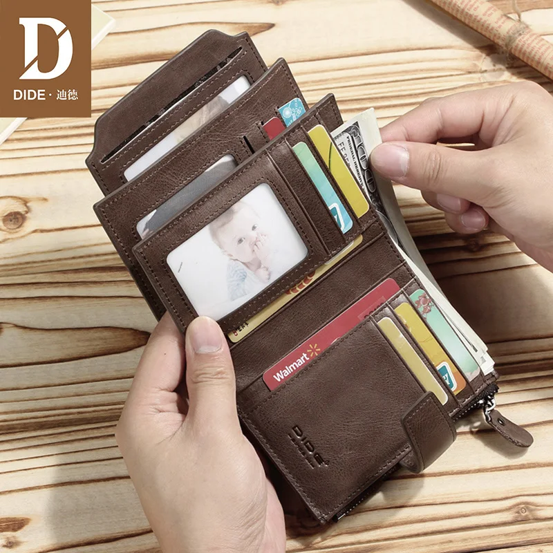 Baratos DIDE monederos para hombre, carteras de cuero genuino, marca masculina, Vintage, Mini pequeña, con cremallera, monedero corto, tarjetero, caja de regalo fina