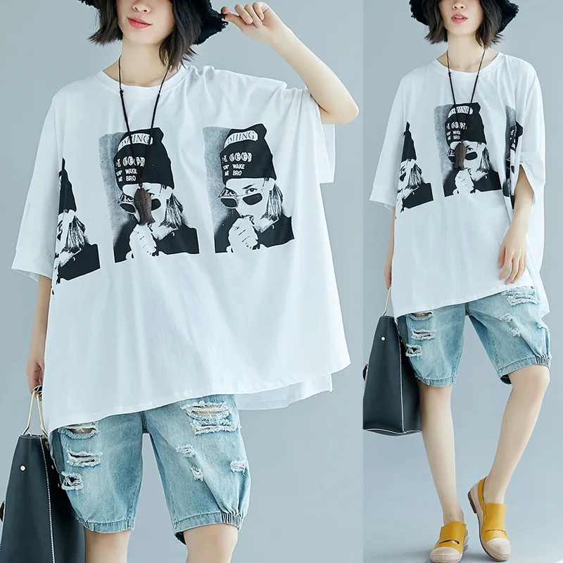 

2019 Spring Summer New Style Large Size Loose Cotton Linen Slimming Fat Mm Short Sleeve Three Personal Printed round Neckline T-