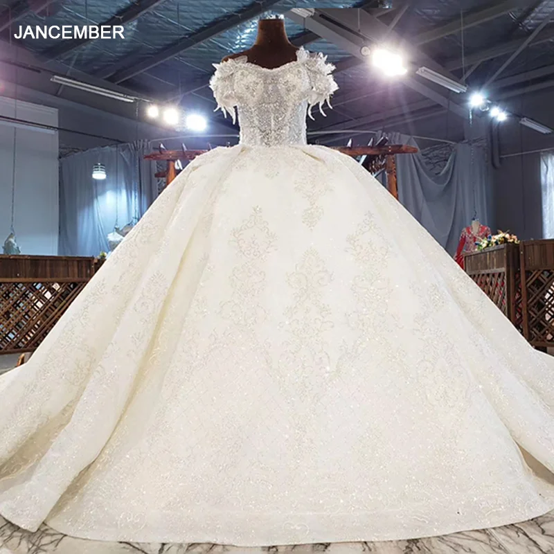 HTL1925 Elegant Extravagant Sequin Crystal Wedding Dress Deep V-Neck Short Sleeve Lace Up Off The Shoulder robe de mariage 2021 1