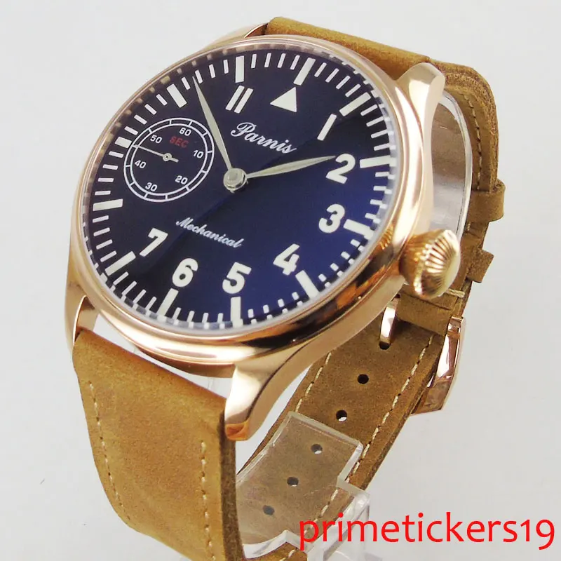

Golden plated case 44mm parnis black dial silver hands hand winding 6497 mens watch