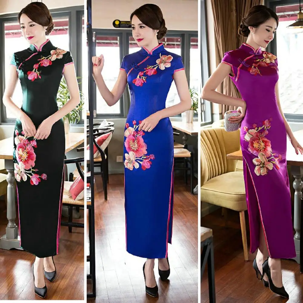 Vietnam Dress Chinese Style Aodai Silk Qipao Slit Floral Vestido Oriental Dress Vietnam Clothing Cheongsam Ao Dai Dress FF2186