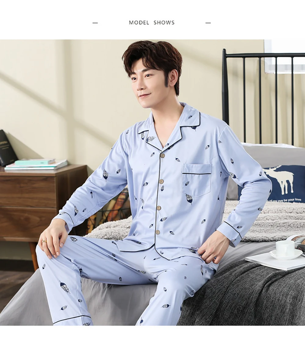 Spring Autumn Pajama Sets Suit Knitted Cotton Casual Long Sleeve Sleepwear Plaid Home Wear Plus Size Comfortable Pajamas For Men organic pyjamas