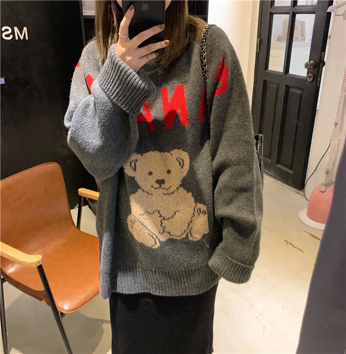 

Milinsus Women Sweaters Oversized Cute Cartoon Bear Korean Loose Crewneck Knitted Pullover Sweater Autumn Winter 2019