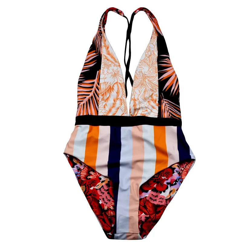 

One Piece Swimsuit 2020 Sexy Deep-V Swimwear Women Swimsuit Print Stripe Bathing Suits Beach Wear Swim Maillot de Bain Monokini