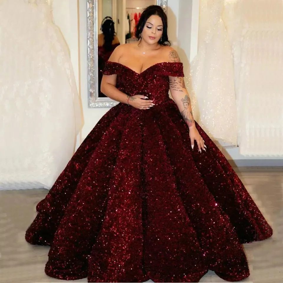 Sparkly Burgundy Evening Dress Long 2022 robe de mariee Off Shoulder Sequins Lace Up Ball Gown Formal Dresses Reflective Pageant women's formal dresses & gowns