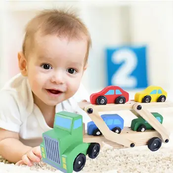 

Wooden Dual Layer Carrier Truck with 4 Cars Kids Educational Vehicle Model Toy New