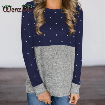 

Wenzbb T-Shirt Women Long Sleeve Casual O-Neck Dot Printed Colorblock Slim Autumn Spring Tees Tops Dropshipping
