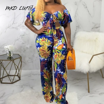 

2020 Spring Summer Floral Print Casual 2 Piece Set Outfits for Women Off Shouler Tied Front Crop Tops & High Waist Pants Set