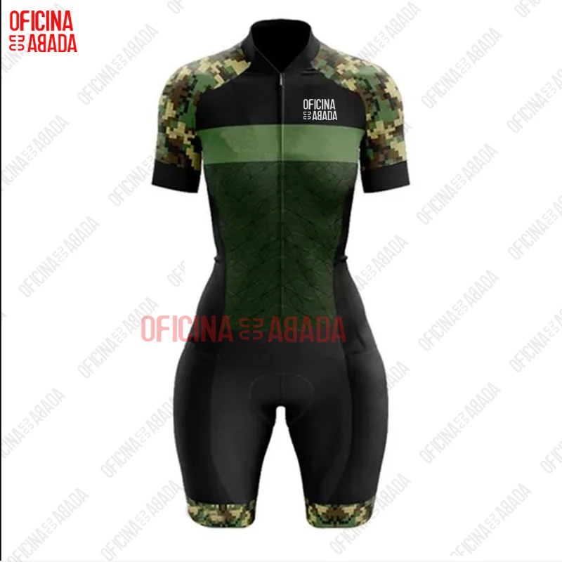ODA Camouflage Army Green Short Sleeve Cycling Jersey Ladies Suit Triathlon Outdoor Sportswear Stretch Leotard Jumpsuit