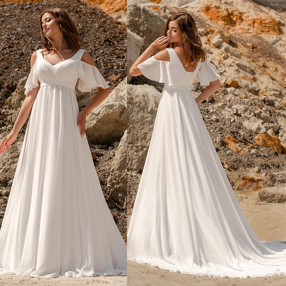 

Cape Sleeves Chiffon A Line Wedding Dress Simple Simple Low Back Sweep Train 2021 Belted Empire Waist Lace Up Beach Bridal Gowns