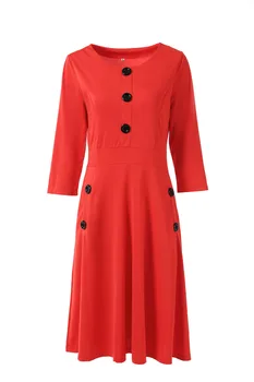 

Office Lady Elegant Dress Women O Neck Pockets Button Solid A Line Three Quarter Sleeve Single Breasted Mid-Calf Casual Robe