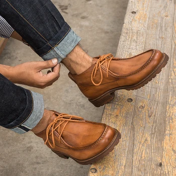 

Genuine cowhide leather Men Boots Lace-Up male leather shoes Retro Design Handmade Men's Ankle Boots Tooling Shoes Casual Botas