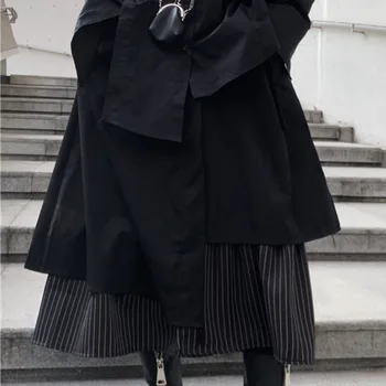 

SHENGPALAE 2020 New Spring Fashion Solid Color Personality Mid-length Striped Paneled High-waist Dark Wind Skirt ZA2409