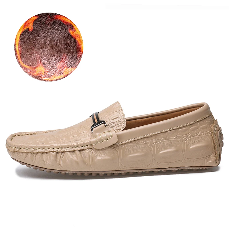 FUR Khaki ALCUBIEREE Winter Men Crocodile Pattern Loafers Outdoor Non-slip Boat Shoes Men's Warm Moccasins with Fur Flats Driving Shoes - Цвет: FUR Khaki
